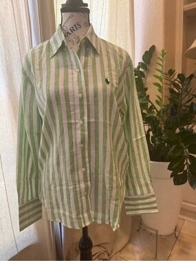 Ralph Lauren White and Light Green Striped Polo Shirt